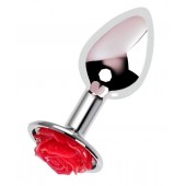 Серебристая анальная втулка с красной розочкой - 8 см. - ToyFa