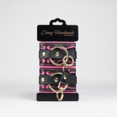 Черные кожаные наручники с розовой строчкой - Crazy Handmade - купить с доставкой в Севастополе