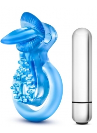 Голубое эрекционное виброкольцо 10 Function Vibrating Tongue Ring - Blush Novelties - в Севастополе купить с доставкой