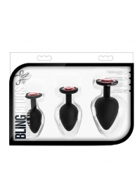 Набор черных анальных пробок с красным кристаллом-сердечком Bling Plugs Training Kit - Blush Novelties - купить с доставкой в Севастополе