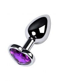 Серебристая коническая анальная пробка с фиолетовым кристаллом-сердечком - 7 см. - ToyFa - купить с доставкой в Севастополе
