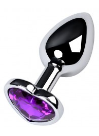 Серебристая коническая анальная пробка с фиолетовым кристаллом-сердечком - 7 см. - ToyFa - купить с доставкой в Севастополе