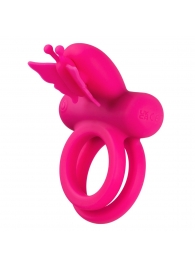 Розовое эрекционное виброкольцо Silicone Rechargeable Dual Butterfly Ring - California Exotic Novelties - в Севастополе купить с доставкой