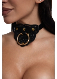 Черный фигурный кожаный ошейник с золотистой фурнитурой - Crazy Handmade - купить с доставкой в Севастополе