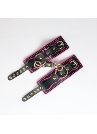 Черные кожаные наручники с розовой строчкой - Crazy Handmade - купить с доставкой в Севастополе