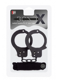 Чёрные наручники из листового металла в комплекте с веревкой BONDX METAL CUFFS LOVE ROPE SET - Dream Toys - купить с доставкой в Севастополе