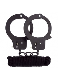 Чёрные наручники из листового металла в комплекте с веревкой BONDX METAL CUFFS LOVE ROPE SET - Dream Toys - купить с доставкой в Севастополе