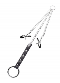 Серебристо-чёрные зажимы для сосков с кольцом для пениса TOYFA Metal - ToyFa - купить с доставкой в Севастополе