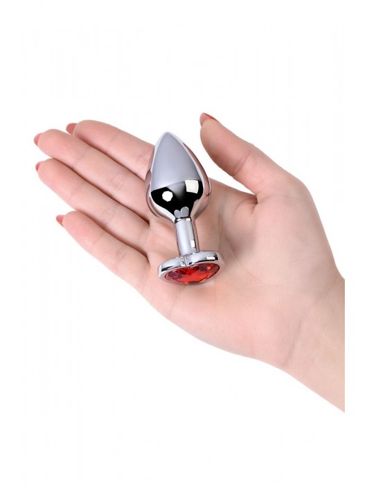 Серебристая коническая анальная пробка с красным кристаллом-сердечком - 7 см. - ToyFa - купить с доставкой в Севастополе