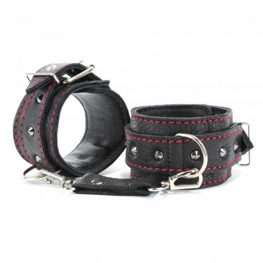 Черные наручники из натуральной кожи на карабинах - БДСМ Арсенал - купить с доставкой в Севастополе