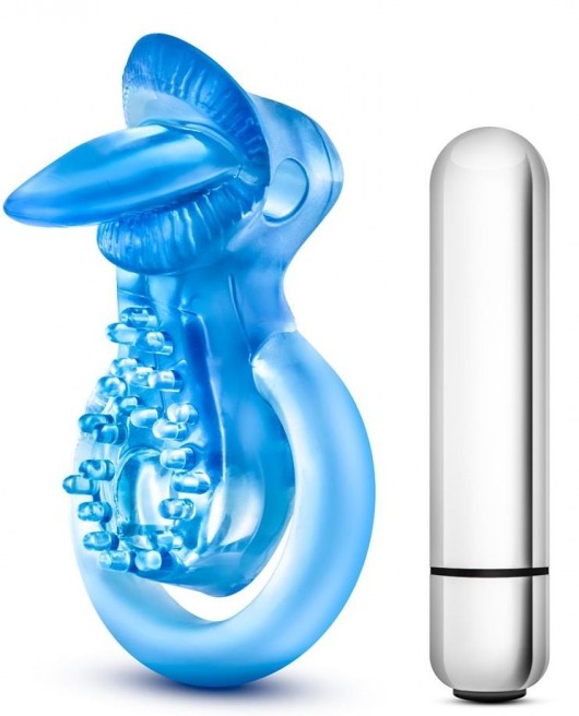 Голубое эрекционное виброкольцо 10 Function Vibrating Tongue Ring - Blush Novelties - в Севастополе купить с доставкой