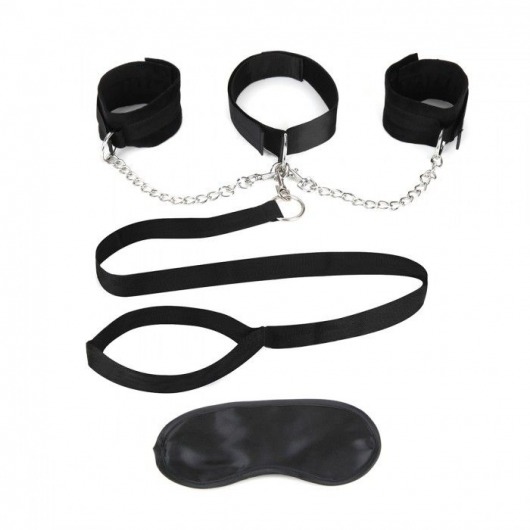 Чёрный ошейник с наручниками и поводком Collar Cuffs   Leash Set - Lux Fetish - купить с доставкой в Севастополе