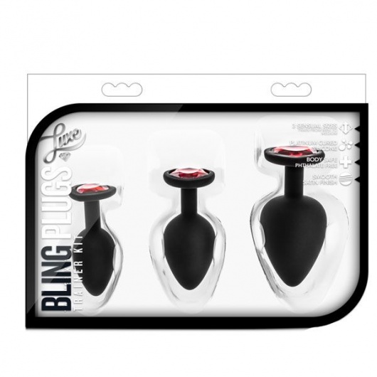 Набор черных анальных пробок с красным кристаллом-сердечком Bling Plugs Training Kit - Blush Novelties - купить с доставкой в Севастополе