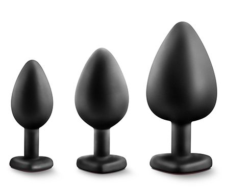 Набор черных анальных пробок с красным кристаллом-сердечком Bling Plugs Training Kit - Blush Novelties - купить с доставкой в Севастополе