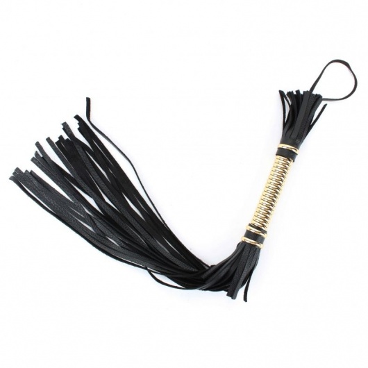 Чёрная плетка  из натуральной кожи с золотистой отделкой рукояти - БДСМ Арсенал - купить с доставкой в Севастополе