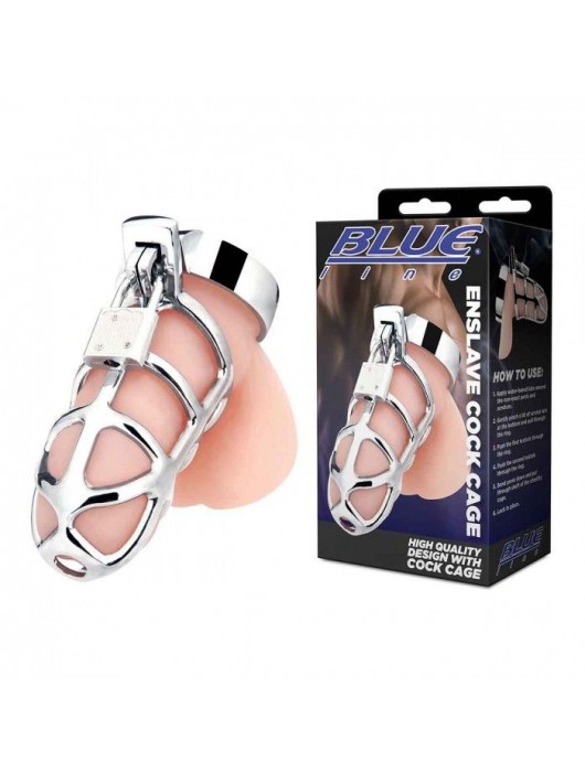 Серебристая металлическая клетка для члена с замком Enslave Cock Cage - BlueLine - купить с доставкой в Севастополе