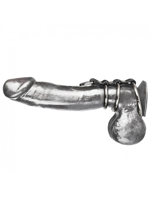 Хомут на пенис из трех металлических колец и кольца для привязи 3 RING GATES OF HELL - BlueLine - купить с доставкой в Севастополе