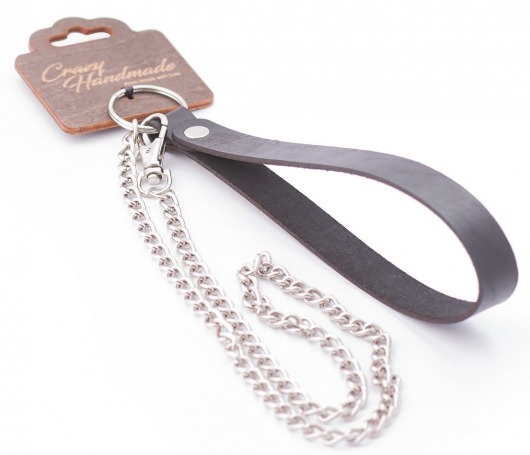 Серебристый металлический поводок с кожаной черной ручкой - 80 см. - Crazy Handmade - купить с доставкой в Севастополе