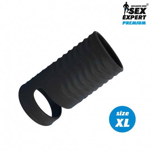 Черная открытая насадка на пенис с кольцом для мошонки XL-size - 8,9 см. - Sex Expert - в Севастополе купить с доставкой