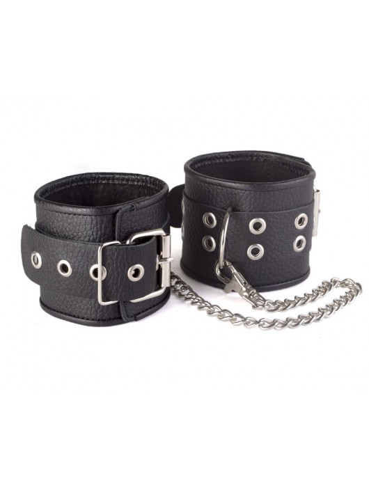 Кожаные черные оковы с широким ремешком, соединенные цепочкой - Sitabella - купить с доставкой в Севастополе