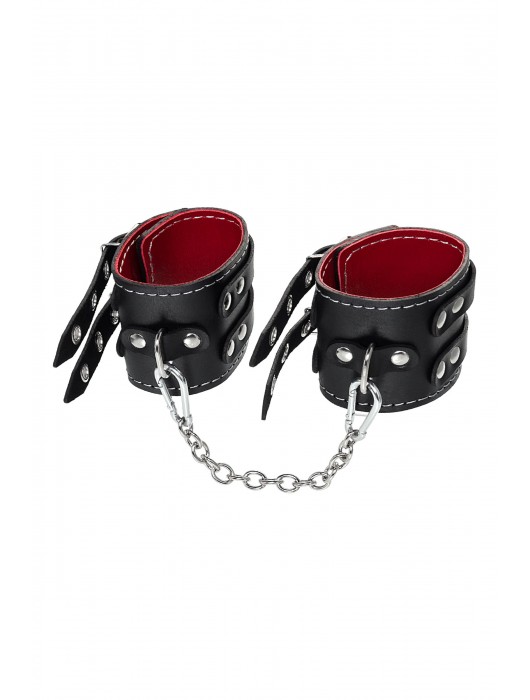 Черные кожаные оковы с двумя ремнями и красной подкладкой - Pecado - купить с доставкой в Севастополе