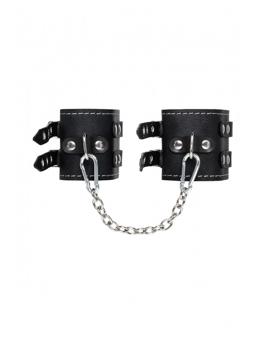 Черные кожаные оковы с двумя ремнями и красной подкладкой - Pecado - купить с доставкой в Севастополе