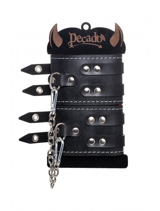Черные кожаные оковы с двумя ремнями и красной подкладкой - Pecado - купить с доставкой в Севастополе