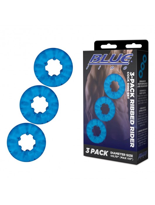 Комплект из трех голубых эрекционных колец 3-Pack Ribbed Rider Cock Ring Set - BlueLine - в Севастополе купить с доставкой