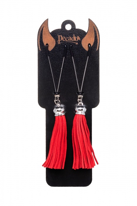 Зажимы на соски «Вилки» с красными кисточками из замши - Pecado - купить с доставкой в Севастополе