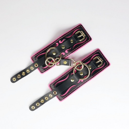 Черные кожаные наручники с розовой строчкой - Crazy Handmade - купить с доставкой в Севастополе