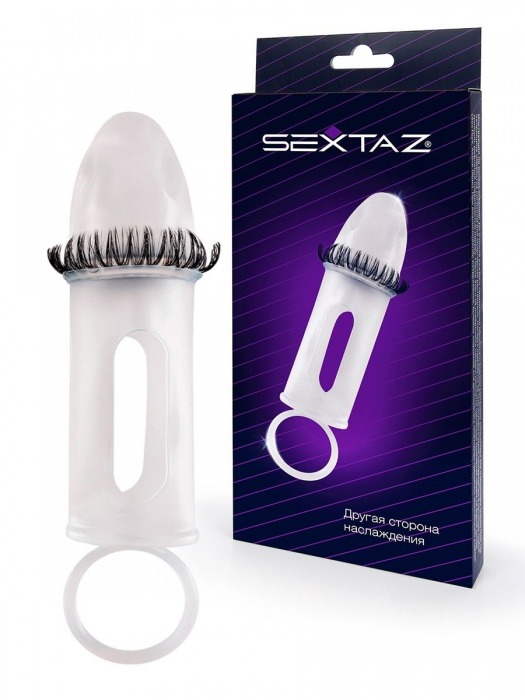 Закрытая насадка на пенис с подхватом мошонки и стимулирующими «ресничками» - Sextaz - в Севастополе купить с доставкой