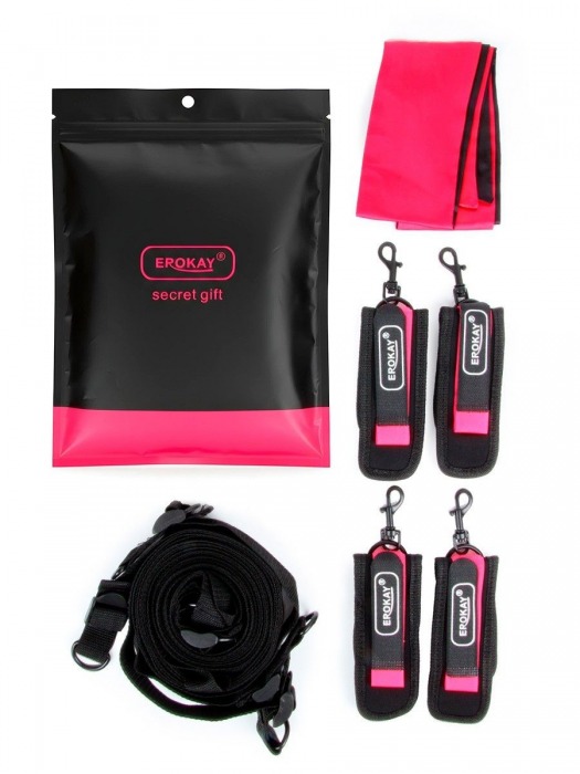 Черно-розовый эротический набор: фиксатор, оковы, наручники, повязка - Erokay - купить с доставкой в Севастополе