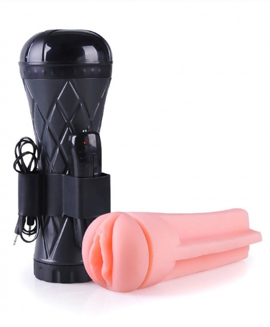 Телесный мастурбатор-вагина в черной колбе с вибрацией - Boys of Toys - в Севастополе купить с доставкой