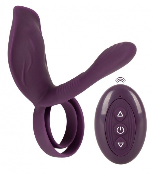 Фиолетовая насадка на член с клиторальным отростком и пультом ДУ RC Couple’s Vibrator 2 - Orion - в Севастополе купить с доставкой