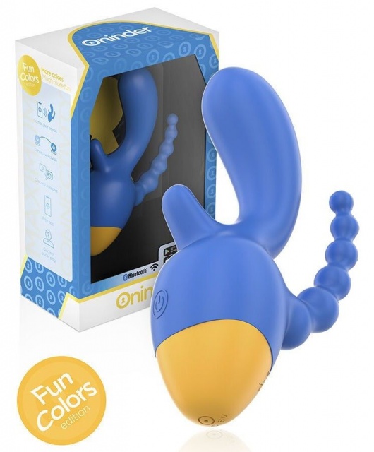 Синий мини-вибратор с анальным хвостом и управлением через приложение - 13 см. - Oninder