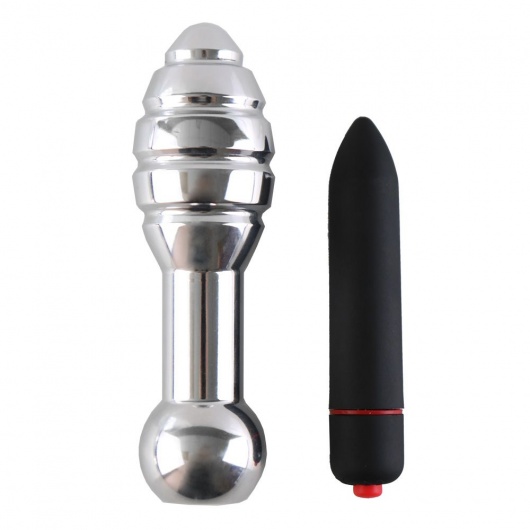 Серебристая анальная пробка OH T2 с рёбрышками и вибрацией - 17 см. - DIOGOL