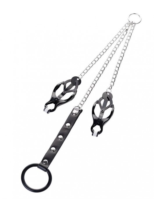 Черно-серебристые зажимы для сосков с кольцом для пениса TOYFA Metal - ToyFa - купить с доставкой в Севастополе