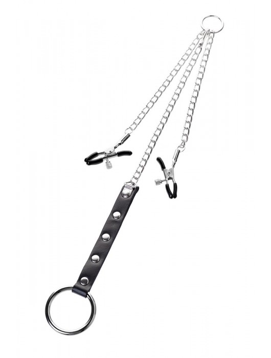 Серебристо-чёрные зажимы для сосков с кольцом для пениса TOYFA Metal - ToyFa - купить с доставкой в Севастополе