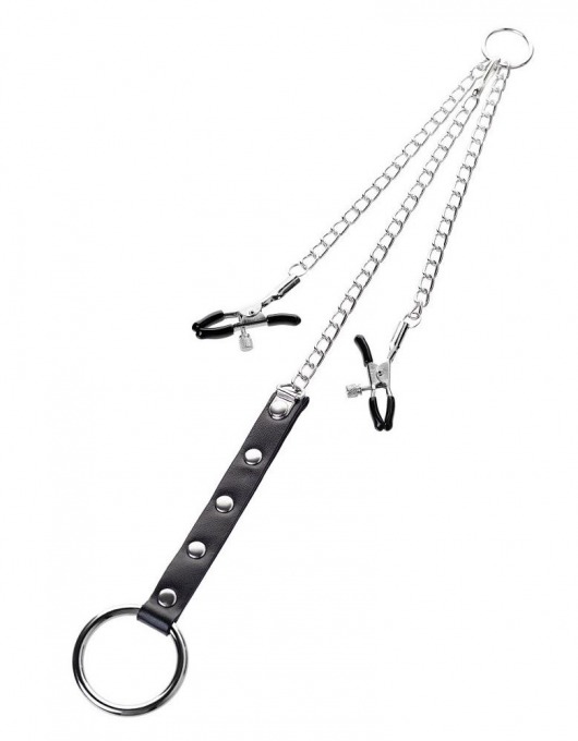 Серебристо-чёрные зажимы для сосков с кольцом для пениса TOYFA Metal - ToyFa - купить с доставкой в Севастополе